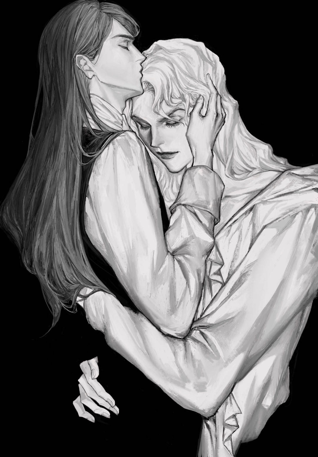 2boys, arms_around_another's_back, ascot, black_background, chinese_commentary, closed_eyes, closed_mouth, collared_shirt