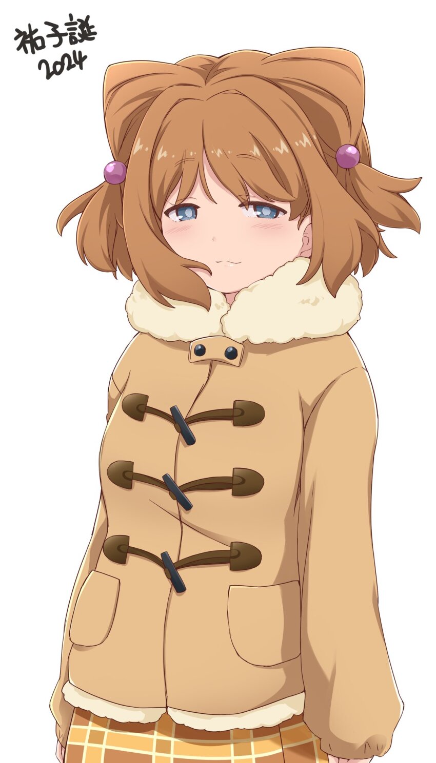 1girl, blue_eyes, blush, brown_coat, brown_hair, closed_mouth, coat, girls_und_panzer