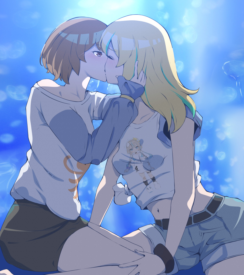 2girls, absurdres, blonde_hair, blush, brown_hair, closed_eyes, commentary, face-to-face