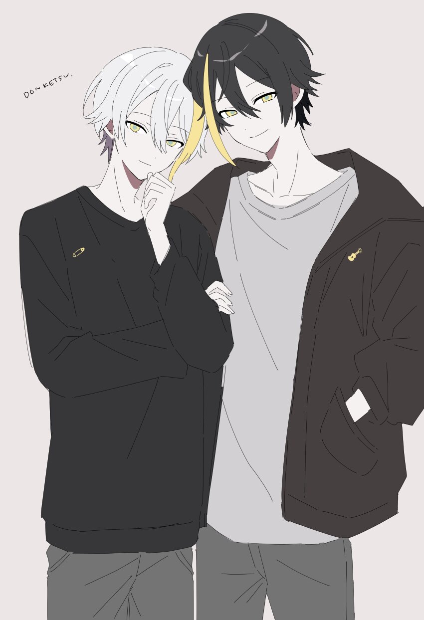 2boys, absurdres, alternate_costume, black_hair, black_sweater, blonde_hair, blue_pupils, brown_jacket