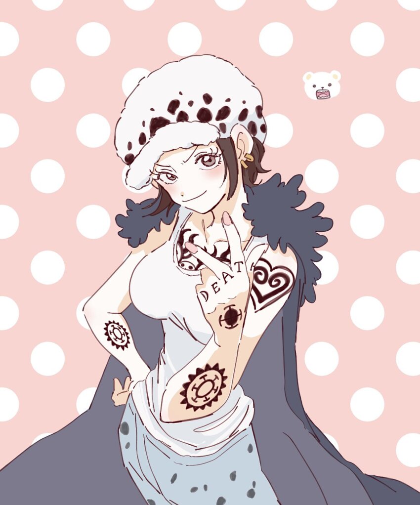 0h_my_god, 1girl, arm_tattoo, bepo_(one_piece), black_hair, blue_coat, blush, chest_tattoo