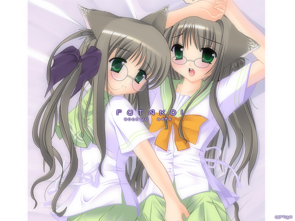 00s, 2girls, animal_ears, bespectacled, bow, cat_ears, copyright_name, futakoi