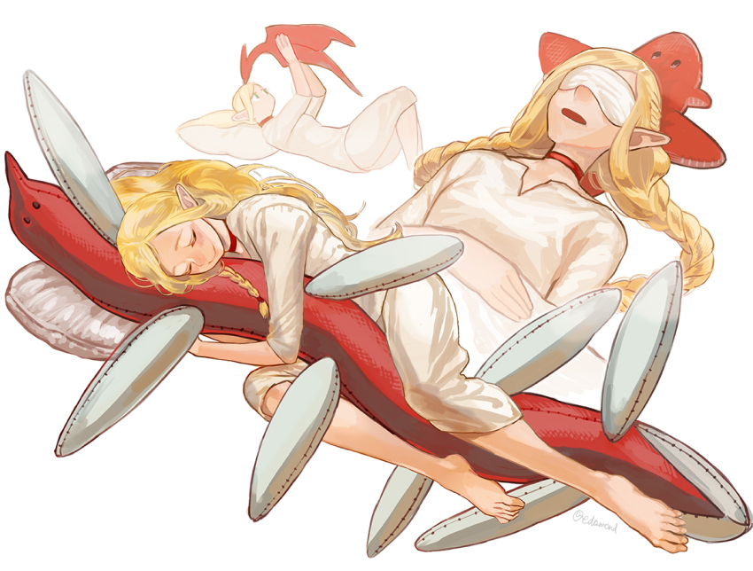 1girl, arms_up, artist_name, barefoot, blonde_hair, braid, choker, closed_eyes