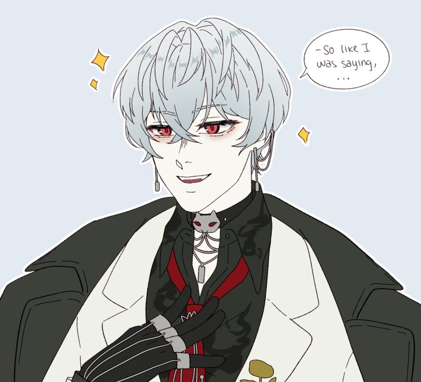 1boy, :d, black_choker, black_gloves, black_shirt, blue_background, choker, collared_shirt