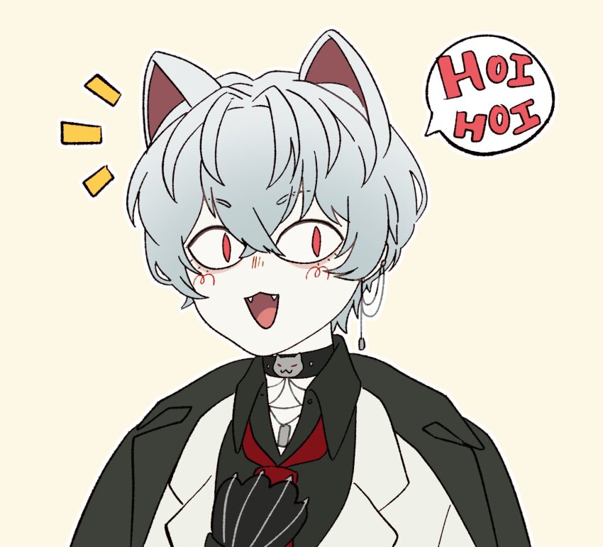 1boy, :d, animal_ears, black_choker, black_shirt, cat_ears, choker, collared_shirt