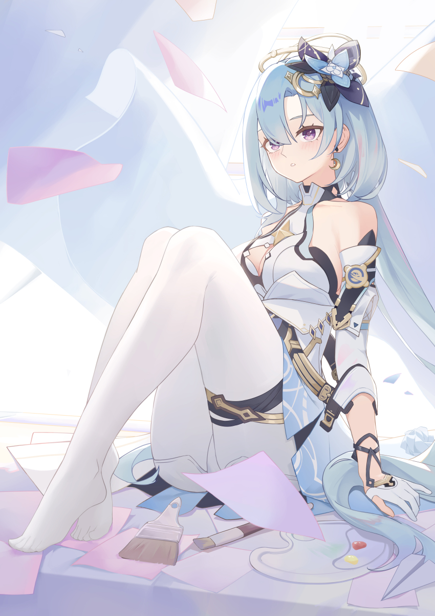 1girl, absurdres, bare_shoulders, black_flower, blue_flower, blue_hair, breasts, chinese_commentary