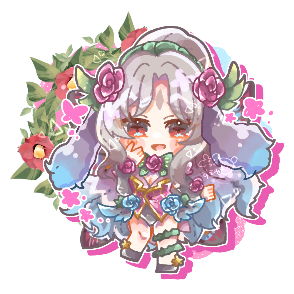 1girl, butterfly_wings, commentary_request, crown_of_thorns, facial_mark, fairy, fairy_wings, fire_emblem, fire_emblem_heroes, forehead_mark, grey_hair, hair_vines, insect_wings, kinako_tadano, nintendo, plant, plant_hair, playboy_bunny, plumeria_(fire_emblem), red_eyes, thorns, vines, white_background, wings