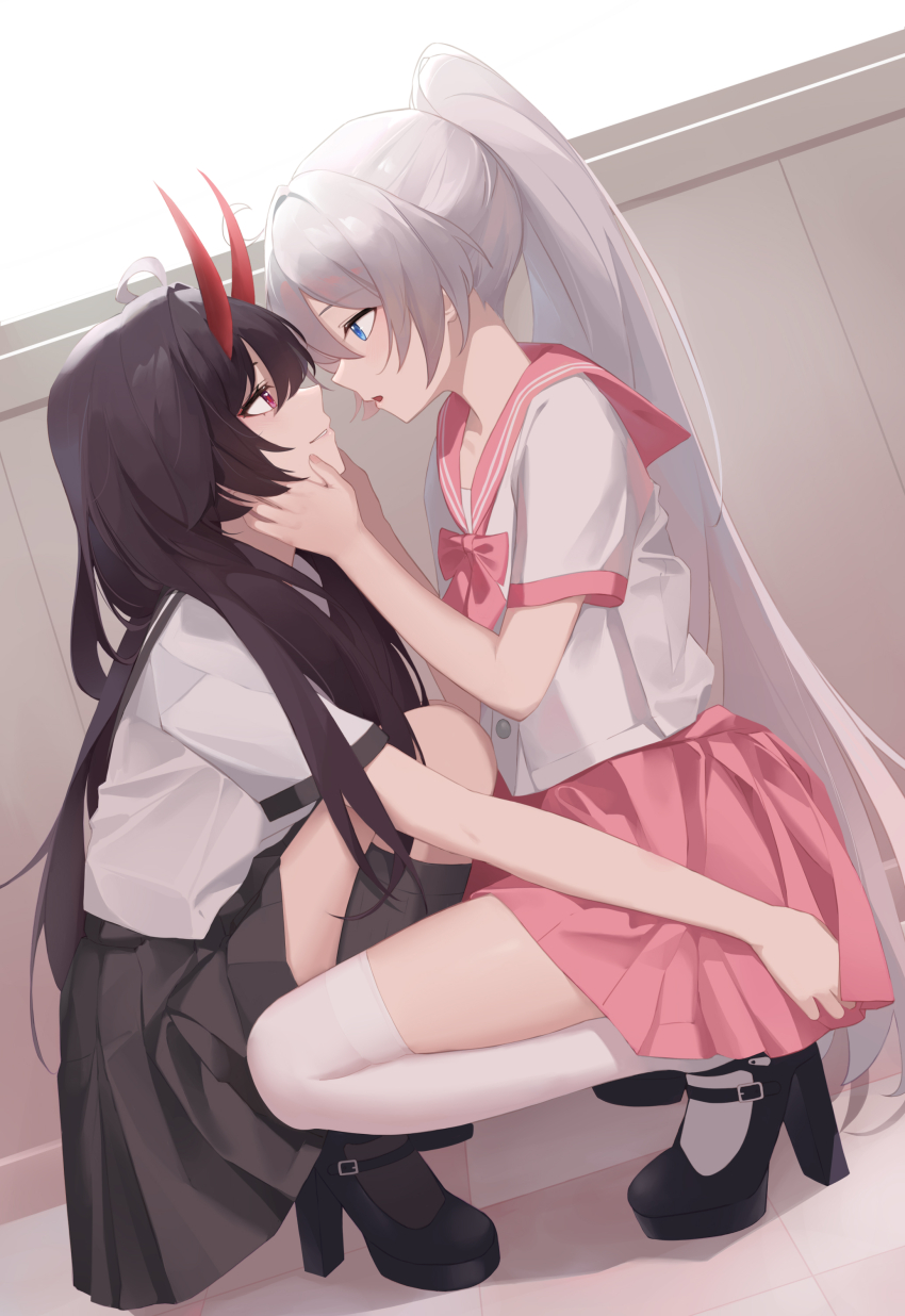 2girls, absurdres, ahoge, alternate_costume, black_footwear, black_sailor_collar, black_skirt, black_socks, blue_eyes, bow, bowtie, chinese_commentary, commentary_request, from_side, hair_intakes, hand_on_another's_ass, hand_on_another's_face, high_ponytail, highres, honkai_(series), honkai_impact_3rd, horns, imminent_kiss, kiana_kaslana, ling_kongling, long_hair, long_horns, looking_at_another, multiple_girls, open_mouth, pink_bow, pink_bowtie, pink_sailor_collar, pink_skirt, ponytail, purple_hair, raiden_mei, red_eyes, red_horns, sailor_collar, school_uniform, serafuku, sidelocks, skirt, smile, socks, squatting, thighhighs, very_long_hair, white_hair, white_serafuku, white_thighhighs, yuri