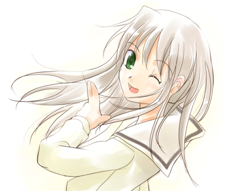 00s, 1girl, ;d, female_focus, futakoi, green_eyes, grey_hair, long_hair