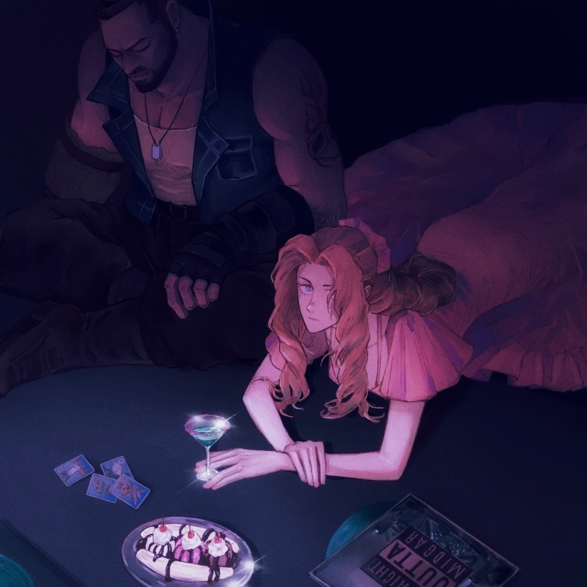 1boy, 1girl, aerith_gainsborough, banana, barret_wallace, beard, black_gloves, boots, braid, braided_ponytail, brown_vest, card, cherry, closed_eyes, cloud_strife, cocktail_glass, cup, dark-skinned_male, dark_skin, dog_tags, dress, drinking_glass, facial_hair, final_fantasy, final_fantasy_vii, final_fantasy_vii_rebirth, final_fantasy_vii_remake, fingerless_gloves, food, frilled_sleeves, frills, fruit, gloves, green_eyes, highres, ice_cream, indian_style, long_dress, long_hair, looking_at_viewer, lying, mi_(scissortropical), on_stomach, parted_bangs, pink_dress, playing_card, prosthesis, prosthetic_arm, queen's_blood, short_hair, short_sleeves, shoulder_tattoo, sidelocks, single_braid, sitting, straight_outta_compton, sundae, tattoo, very_short_hair, vest, wavy_hair