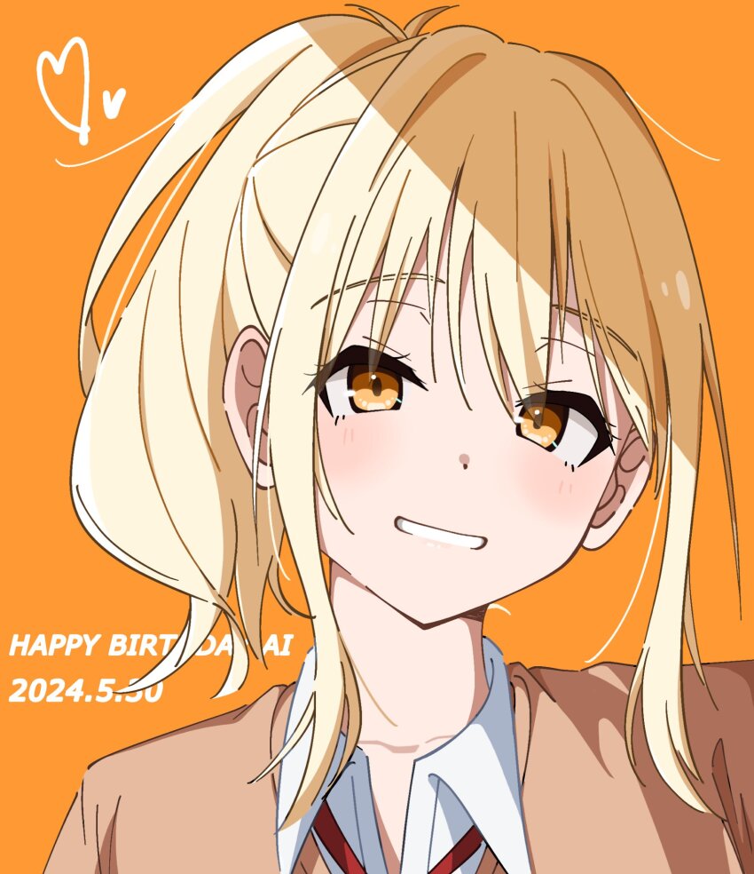 1girl, blonde_hair, blush, brown_cardigan, cardigan, character_name, collarbone, collared_shirt, commentary_request, dated, dress_shirt, grin, gyaru, happy_birthday, heart, highres, looking_at_viewer, love_live!, love_live!_nijigasaki_high_school_idol_club, medium_hair, miyashita_ai, neck_ribbon, nijigasaki_school_uniform, orange_background, orange_eyes, ponytail, portrait, red_ribbon, ribbon, school_uniform, sea_(sea809891748077), shirt, short_ponytail, sidelocks, simple_background, smile, solo, white_shirt, winter_uniform