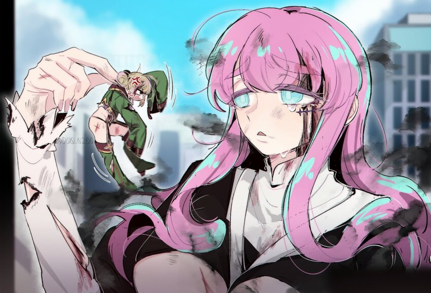 2girls, ahoge, an_sin, araga_kiwi, black_dress, black_panties, blue_eyes, boots