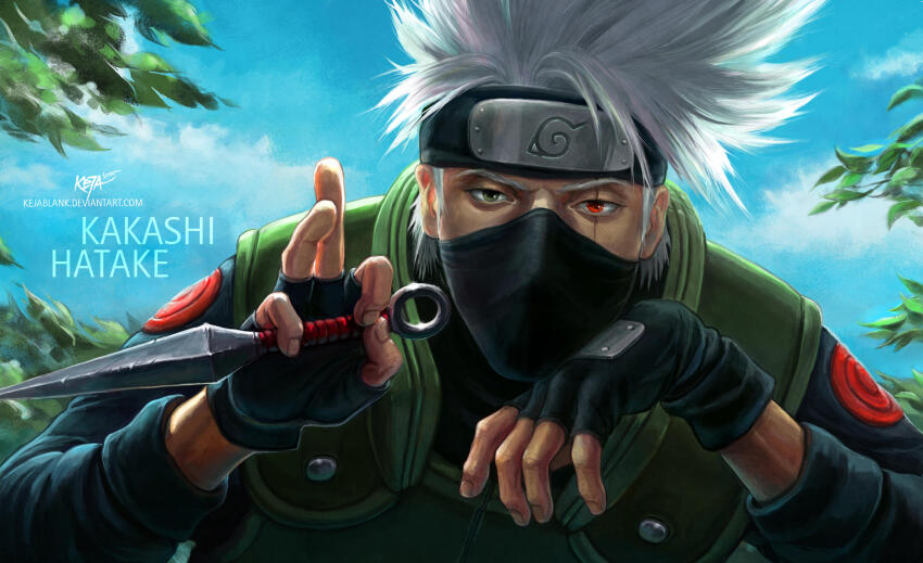 1boy, black_eyes, black_gloves, character_name, cloud, cloudy_sky, commentary, covered_mouth, english_commentary, fingerless_gloves, flak_jacket, forehead_protector, gloves, green_jacket, hatake_kakashi, highres, holding, holding_weapon, jacket, keja_blank, konohagakure_symbol, kunai, long_sleeves, looking_at_viewer, male_focus, mask, mouth_mask, multicolored_eyes, naruto_(classic), naruto_(series), ninja, ninja_mask, outdoors, realistic, red_eyes, scar, scar_across_eye, scar_on_face, sharing, sharingan, short_hair, signature, sky, sleeveless, sleeveless_jacket, solo, spiked_hair, two-tone_eyes, uzumaki_symbol, watermark, weapon, web_address, white_hair