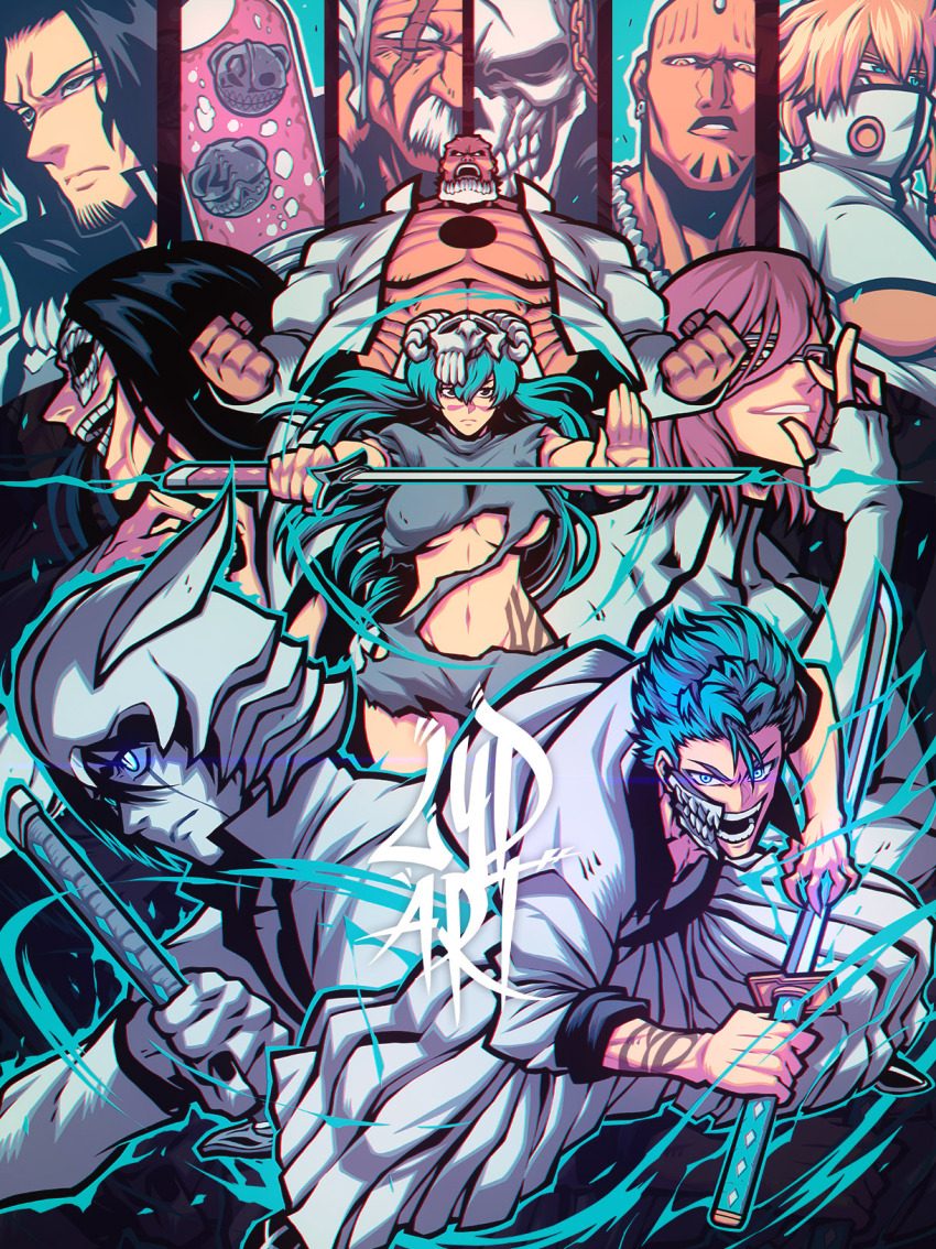 2girls, aaroniero_arruruerie, abs, arrancar, bald, baraggan_louisenbairn, beard, black_eyes