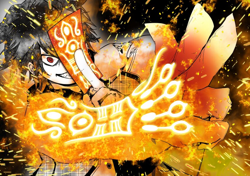 1boy, absurdres, black_hair, demon_arm, enmadou_rokuro, fighting_stance, fire, highres