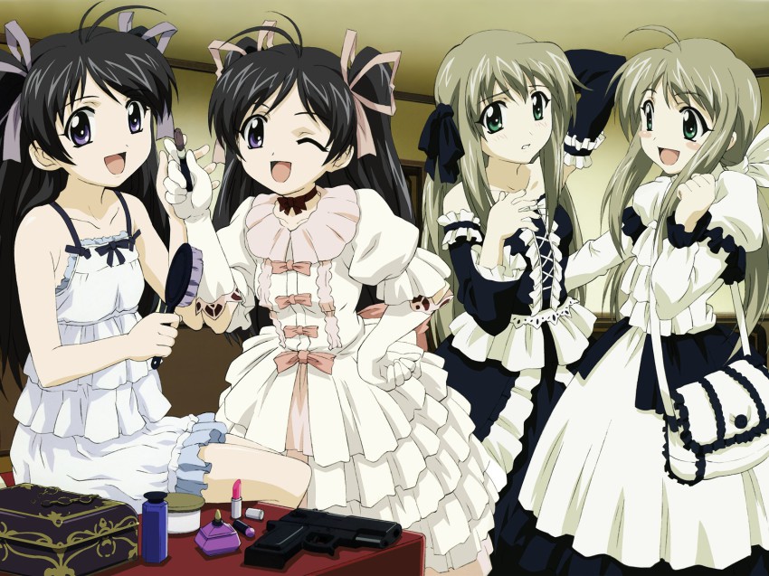 00s, 2girls, :d, ;d, accurate_lolita_coord, antenna_hair, bag, black_hair