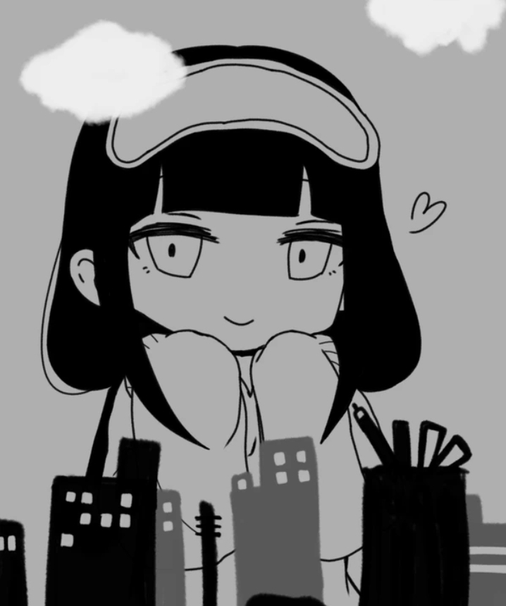 blunt_bangs, building, city, cloud, grey_background, grey_hoodie, heart, hood