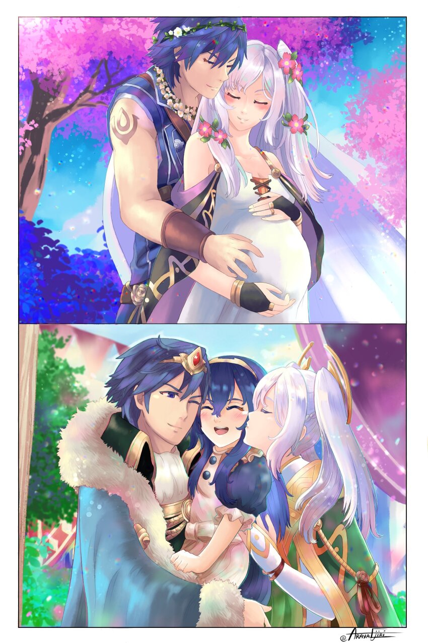 1boy, 2girls, age_progression, blue_hair, chrom_(crowned_exalt)_(fire_emblem), chrom_(fire_emblem), chrom_(valentine)_(fire_emblem), ebrietas_(arayaejiri), family, father_and_child, father_and_daughter, female_robin_(fire_emblem), female_robin_(valentine)_(fire_emblem), fire_emblem, fire_emblem_awakening, fire_emblem_heroes, highres, husband_and_wife, kiss, kissing_cheek, lucina_(fire_emblem), mother_and_child, mother_and_daughter, multiple_girls, nintendo, official_alternate_costume, parent_and_child, pregnant, tiara, white_hair