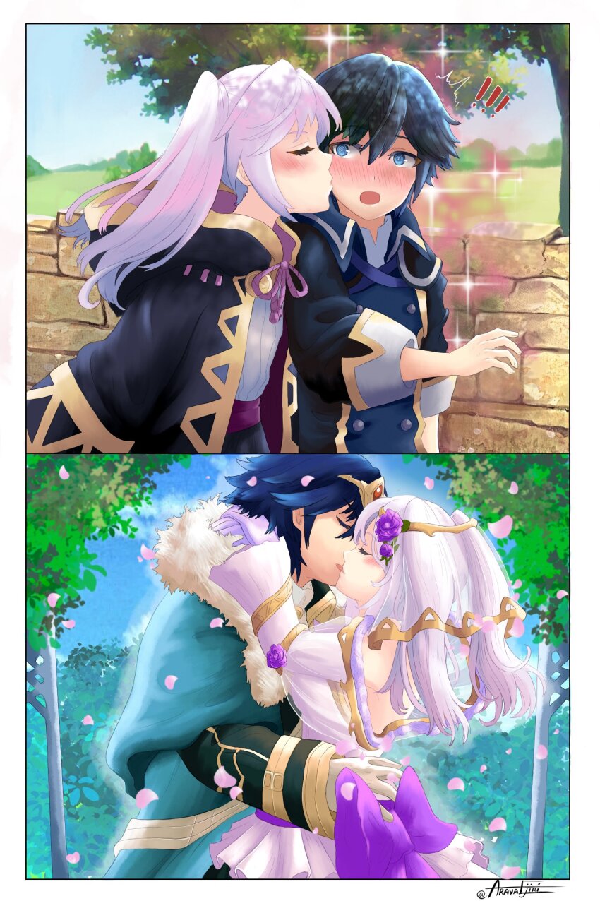 1boy, 1girl, age_progression, blue_hair, cherry_blossoms, chrom_(young)_(fire_emblem), chrom_(crowned_exalt)_(fire_emblem), chrom_(fire_emblem)