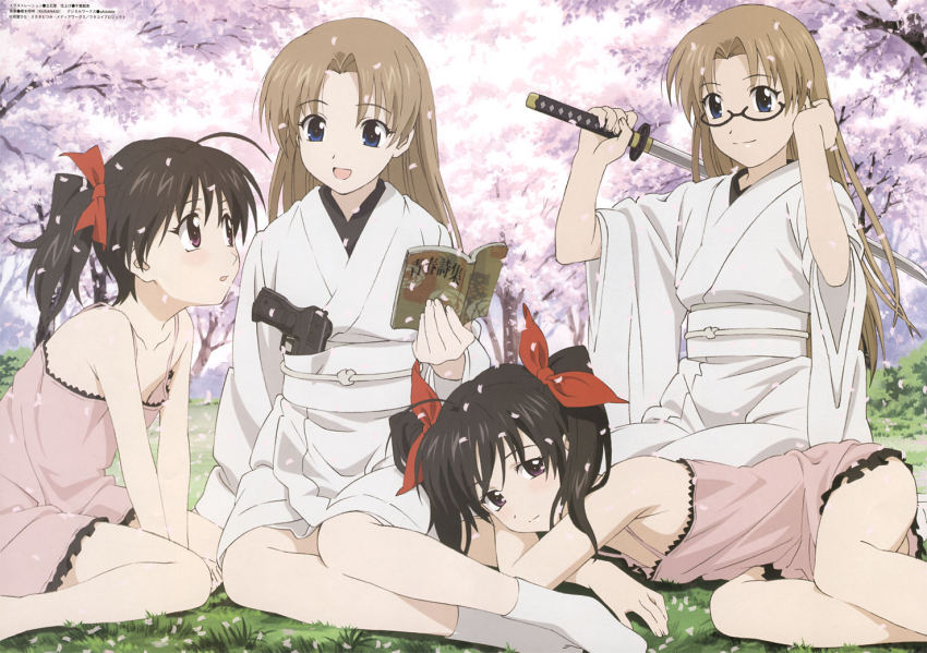 00s, 4girls, :d, blue_eyes, book, brown_hair, cherry_blossoms, dress
