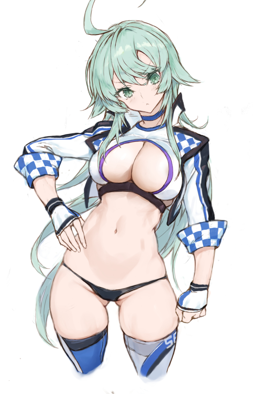 1girl, :<, absurdres, ahoge, alternate_eye_color, alternate_hair_color, black_panties, blue_choker, breasts, choker, cleavage, clenched_hand, closed_mouth, commentary_request, cowboy_shot, cropped_jacket, cropped_legs, fingerless_gloves, gloves, gluteal_fold, green_eyes, green_hair, hand_on_own_hip, highres, kantai_collection, large_breasts, long_hair, looking_at_viewer, medium_hair, multicolored_thighhighs, navel, one-hour_drawing_challenge, panties, race_queen, ryo_(tg290), simple_background, solo, stomach, thong, underwear, washington_(kancolle), washington_(race_queen)_(kancolle), white_background, white_gloves