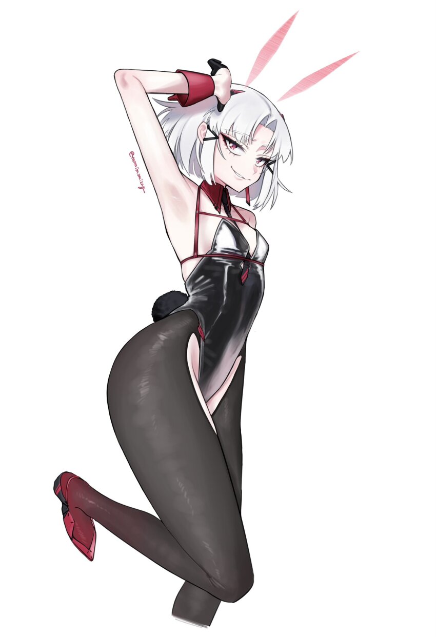 1girl, animal_ears, arm_up, armpits, black_gloves, black_leotard, breasts, brown_pantyhose