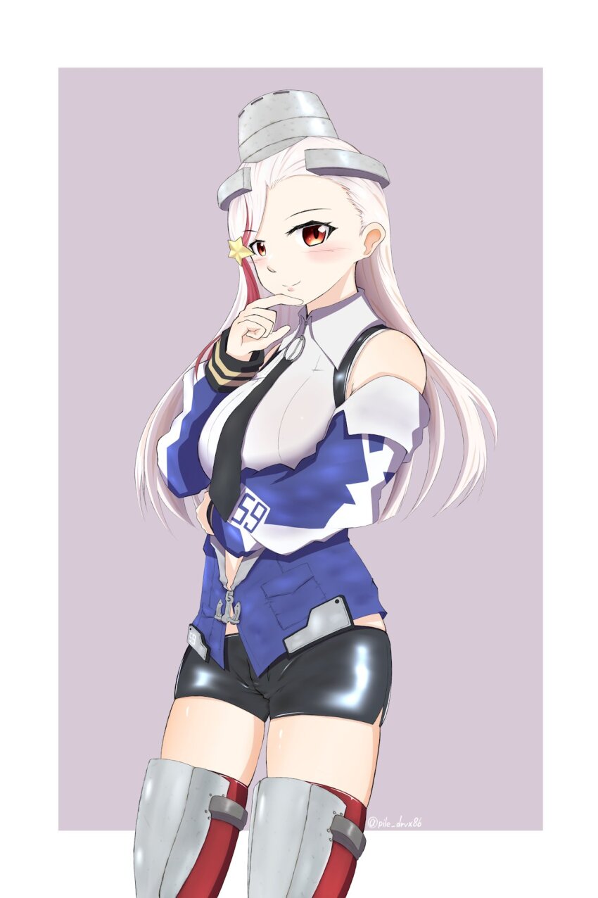 1girl, black_necktie, black_skirt, blonde_hair, blue_jacket, collared_shirt, dress_shirt, grey_background