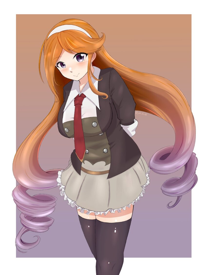 1girl, arms_behind_back, black_jacket, black_thighhighs, blazer, breasts, collared_shirt, dress_shirt