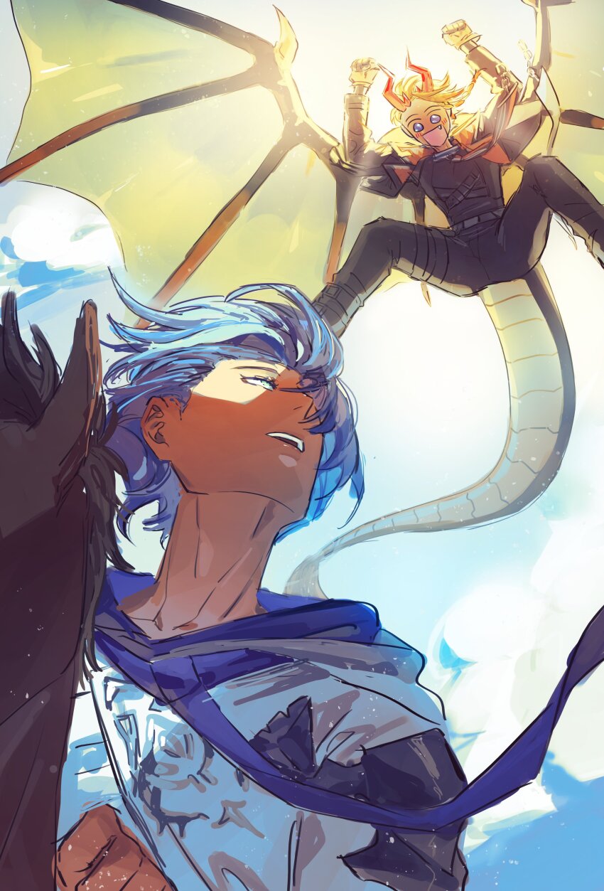 2boys, absurdres, axel_syrios, belt, black_pants, blonde_hair, blue_eyes, blue_hair