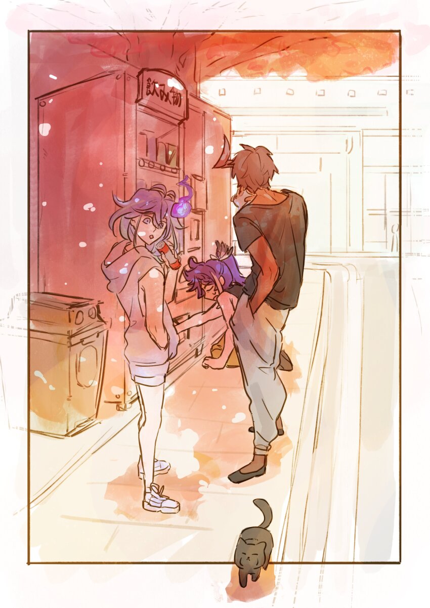 3boys, absurdres, banzoin_hakka, bare_shoulders, black_hair, black_shirt, can, cat, dark-skinned_male, dark_skin, demon_horns, feather_hair_ornament, feathers, hair_ornament, hand_in_pocket, highres, hitodama, holding, holding_can, holoboisart, holostars, holostars_english, hood, hood_down, hoodie, horns, kneeling, looking_at_animal, minase_rio, multicolored_hair, multiple_boys, oga_tatsumi, open_mouth, outdoors, ponytail, purple_hair, shirt, shoes, sidewalk, single_horn, sleeveless, sweatdrop, t-shirt, trash_can, vending_machine, virtual_youtuber, white_hair