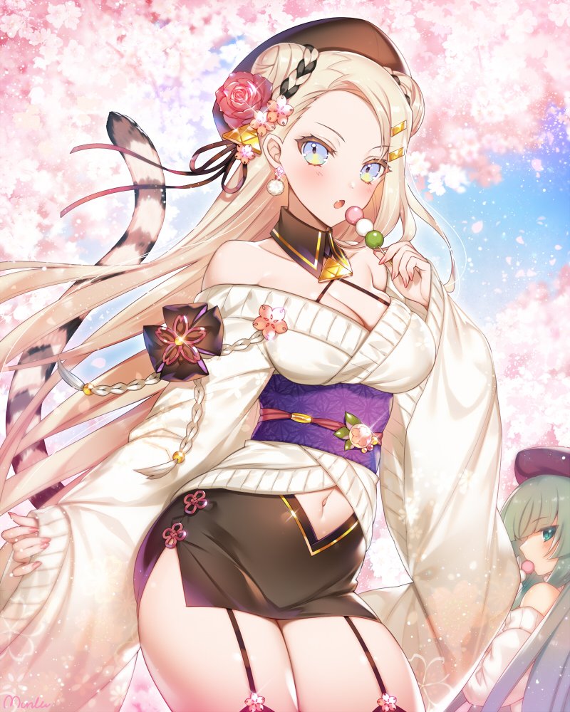2girls, bare_shoulders, black_hat, black_thighhighs, blonde_hair, blue_eyes, blush, breasts, cherry_blossoms, cleavage, clothing_cutout, collarbone, commission, dango, detached_collar, double_bun, earrings, falling_petals, flower, food, garter_straps, green_hair, hair_bun, hair_flower, hair_ornament, hairclip, hat, holding, holding_food, houjou_ujinori_(sengoku_bushouki_muramasa), jewelry, large_breasts, long_hair, long_sleeves, looking_at_viewer, looking_back, multiple_girls, munlu_(wolupus), navel, navel_cutout, obi, off_shoulder, petals, red_flower, red_rose, rose, sanshoku_dango, sash, sengoku_bushouki_muramasa, skeb_commission, sleeves_past_wrists, solo_focus, tail, thighhighs, tiger_tail, tokugawa_ieyasu_(sengoku_bushouki_muramasa), wagashi