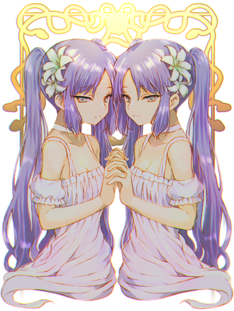 2girls, corgi_sleeping, dress, euryale_(fate), fate/grand_order, fate_(series), flower, hair_flower