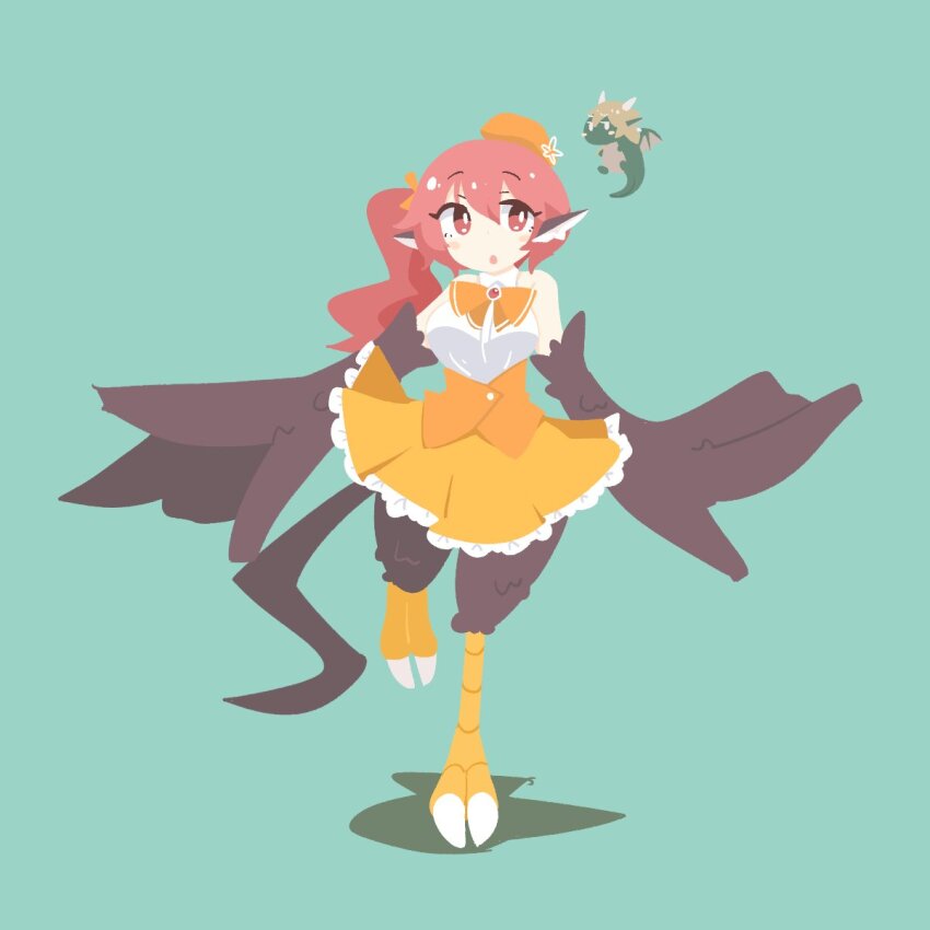 1girl, animal, animal_ears, animalization, bare_shoulders, big_o_pants, bird_ears, bird_legs, bird_tail, black_feathers, black_wings, blush_stickers, bow, bright_pupils, commentary, dragon, dress, emilia_(big_o_pants), feather_fingers, feathers, fio-chan_(big_o_pants), green_background, harpy, hat, highres, long_hair, mini_hat, monster_girl, open_mouth, orange_hat, original, red_eyes, red_hair, shirt, side_ponytail, simple_background, sleeveless, sleeveless_shirt, solo, standing, standing_on_one_leg, tail, talons, white_pupils, white_shirt, winged_arms, wings, yellow_bow, yellow_dress