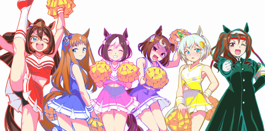 6+girls, ;d, ^_^, alternate_costume, animal_ears, armband, bare_shoulders, bike_shorts, bike_shorts_under_skirt, blue_eyes, blush, bow, brown_hair, cheerleader, closed_eyes, cowboy_shot, crop_top, domino_mask, ear_bow, ear_covers, ear_ribbon, ear_scrunchie, el_condor_pasa_(umamusume), eye_mask, facing_viewer, flower, gakuran, gloves, golden_generation_(umamusume), grass_wonder_(umamusume), grey_hair, hachimaki, hair_between_eyes, hair_flower, hair_ornament, hairclip, headband, highres, holding, holding_pom_poms, horse_ears, horse_girl, horse_tail, king_halo_(noble_white_cheer_attire)_(umamusume), king_halo_(umamusume), leg_up, long_hair, long_sleeves, looking_at_viewer, mask, midriff, miniskirt, multicolored_hair, multiple_girls, navel, one_eye_closed, open_mouth, ouendan, parody, pom_pom_(cheerleading), pom_poms, ponytail, red_eyes, red_headband, sbql_(niaunclefan), school_uniform, seiun_sky_(umamusume), short_hair, simple_background, single_ear_cover, skirt, smile, special_week_(umamusume), split, standing, standing_on_one_leg, standing_split, streaked_hair, sunflower, sunflower_hair_ornament, tail, thighhighs, tsurumaru_tsuyoshi_(umamusume), two-tone_hair, umamusume, white_background, white_gloves, white_hair, white_thighhighs