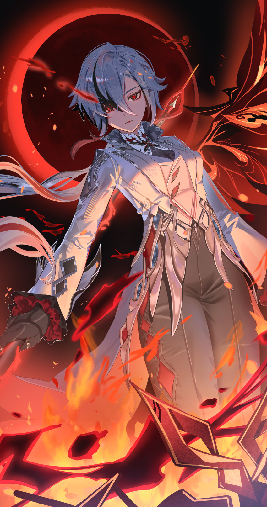 1girl, absurdres, arlecchino_(genshin_impact), black_background, black_eyes, black_gloves, black_pants, bright_pupils