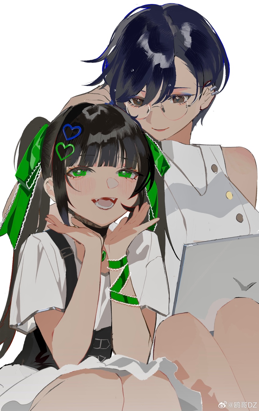 2girls, absurdres, arm_ribbon, bare_shoulders, belt, belt_buckle, black_belt, black_choker