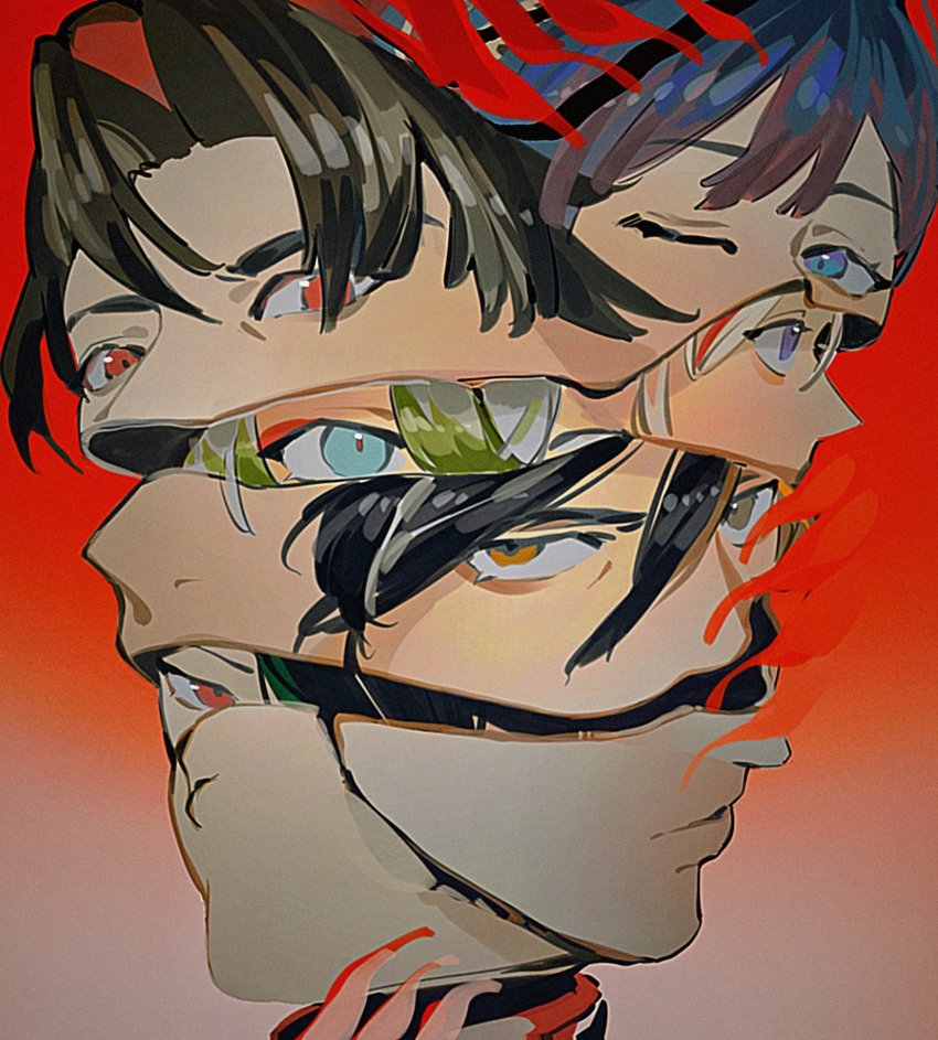 3boys, 4girls, arknights, black_hair, blonde_hair, blue_eyes, blue_hair, brown_hair, chinese_commentary, chongyue_(arknights), chongli_shabi, commentary_request, dusk_(arknights), expressionless, eyelashes, forehead, gradient_background, green_hair, hair_between_eyes, highres, ling_(arknights), multicolored_hair, multiple_boys, multiple_girls, nian_(arknights), one_eye_closed, orange_eyes, parted_bangs, parted_lips, portrait, purple_eyes, red_background, red_eyes, red_hair, short_hair, shu_(arknights), simple_background, streaked_hair, thick_eyebrows, wang_(arknights), white_hair, ji_(arknights)