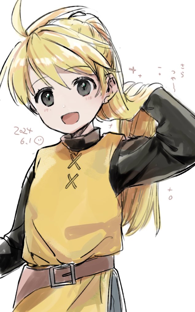 1girl, :d, belt, belt_buckle, black_eyes, black_shirt, blonde_hair, brown_belt