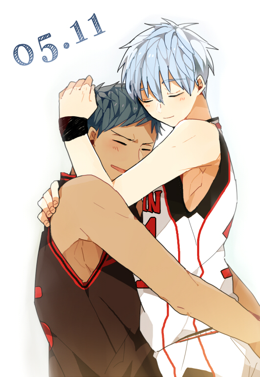 aomine_daiki, basketball_jersey, basketball_uniform, black_shirt, blue_hair, closed_eyes, closed_mouth, dated