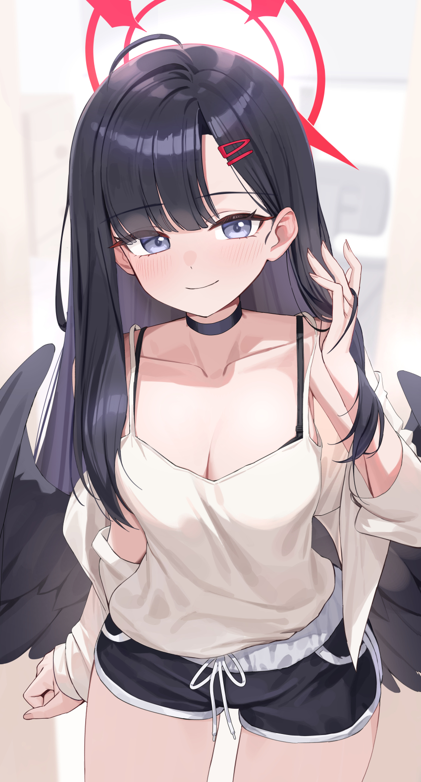 1girl, absurdres, black_choker, black_hair, black_shorts, black_wings, blue_archive, blush, breasts, camisole, choker, cleavage, closed_mouth, cowboy_shot, dolphin_shorts, feathered_wings, fingernails, grey_eyes, hair_ornament, hairclip, halo, highres, ichika_(blue_archive), jacket, large_breasts, long_hair, open_clothes, open_jacket, red_halo, sgholln, shorts, smile, solo, white_camisole, white_jacket, wings