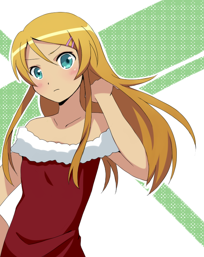 1girl, bad_id, bad_pixiv_id, bare_shoulders, blush, christmas, female_focus, hair_ornament