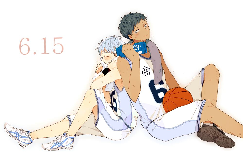 2boys, aomine_daiki, ball, basketball_(object), basketball_jersey, basketball_uniform, black_footwear, blue_hair