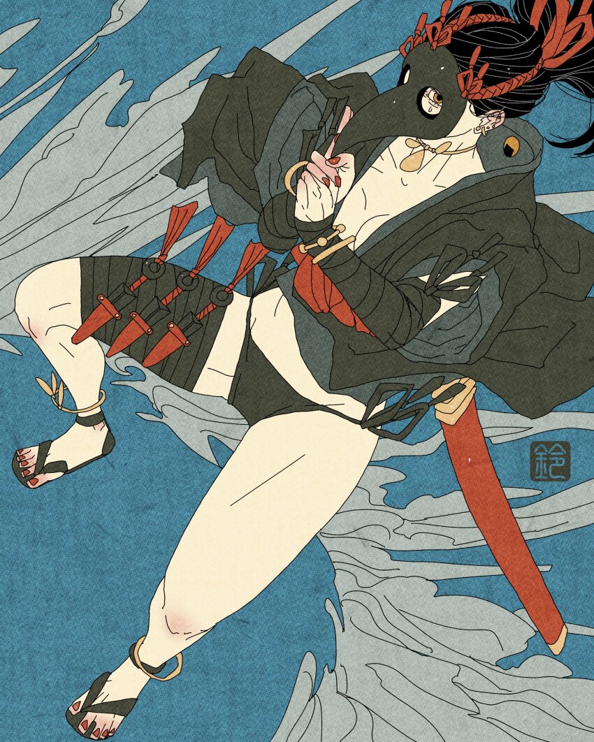 1girl, absurdres, anklet, aqua_background, bandages, beak_mask, black_bandages, black_hair, black_kimono, black_panties, bracelet, breasts, brown_eyes, choker, cleavage, collarbone, earrings, fine_art_parody, full_body, hair_tied_back, highres, inkan, japanese_clothes, jewelry, kimono, kuji-in, kunai, medium_breasts, nihonga, ninja, original, panties, parody, red_nails, sandals, seigo_suzuki, sheath, side-tie_panties, smoke, thighs, underwear, weapon