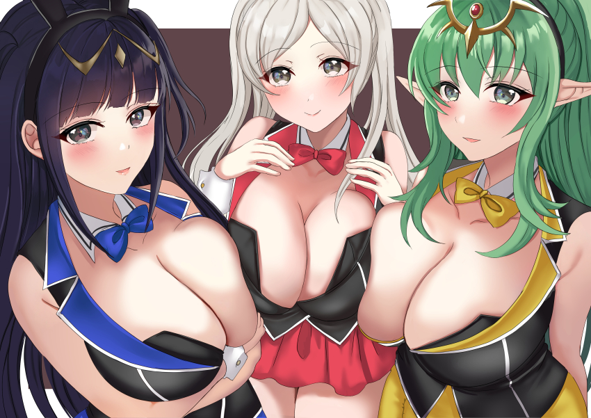 3girls, absurdres, animal_ears, asymmetrical_docking, black_hair, blue_bow, blue_bowtie, bow, bowtie, breast_press, breasts, bunny_garden, cleavage, cosplay, detached_collar, fire_emblem, fire_emblem_awakening, green_hair, grey_eyes, hairband, highres, kana_(bunny_garden), kana_(bunny_garden)_(cosplay), large_breasts, looking_at_viewer, miuka_(bunny_garden), miuka_(bunny_garden)_(cosplay), multiple_girls, nintendo, playboy_bunny, pointy_ears, rabbit_ears, red_bow, red_bowtie, rin_(bunny_garden), rin_(bunny_garden)_(cosplay), robin_(fire_emblem), tara_(szzj7733), tharja_(fire_emblem), tiara, tiki_(adult)_(fire_emblem), tiki_(fire_emblem), twintails, white_hair, yellow_bow, yellow_bowtie