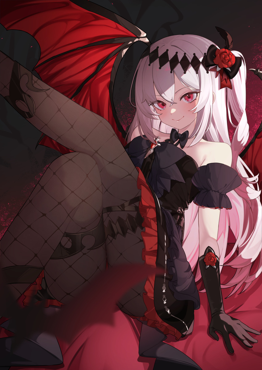 1girl, absurdres, arm_support, ass, bare_shoulders, bat_wings, black_bow, black_bowtie