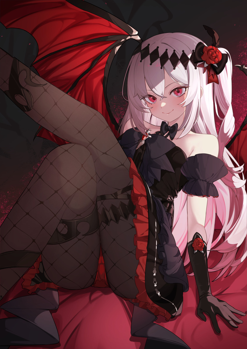 1girl, absurdres, arm_support, ass, bare_shoulders, black_bow, black_bowtie, black_dress