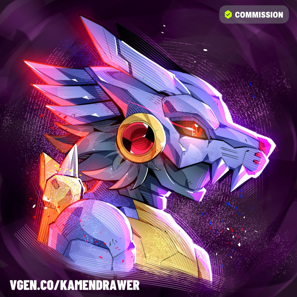 1boy, ashmish, black_hair, commission, cosplay, digimon, emblem, from_side, helmet, male_focus, mask, mechanical_wings, mega_man_(series), mega_man_battle_network_(series), megaman.exe, metalgarurumon, metalgarurumon_(cosplay), mouth_mask, profile, red_eyes, slit_pupils, solo, upper_body, vgen_commission, wings