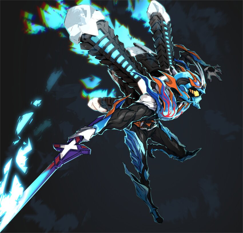 1boy, absurdres, antennae, armor, black_bodysuit, blue_armor, blue_fire, bodysuit, bug, clenched_hands, commentary, fire, flame_print, gloves, glowing, glowing_eyes, goggles, goggles_on_head, gotcha_driver, gotchardcalibur, grasshopper, highres, holding, holding_sword, holding_weapon, insect, kamen_rider, kamen_rider_fire_gotchard, kamen_rider_gotchard, kamen_rider_gotchard_(series), landing, linnnoj, orange_eyes, rider_belt, superhero_landing, sword, thrusters, tokusatsu, weapon, white_gloves