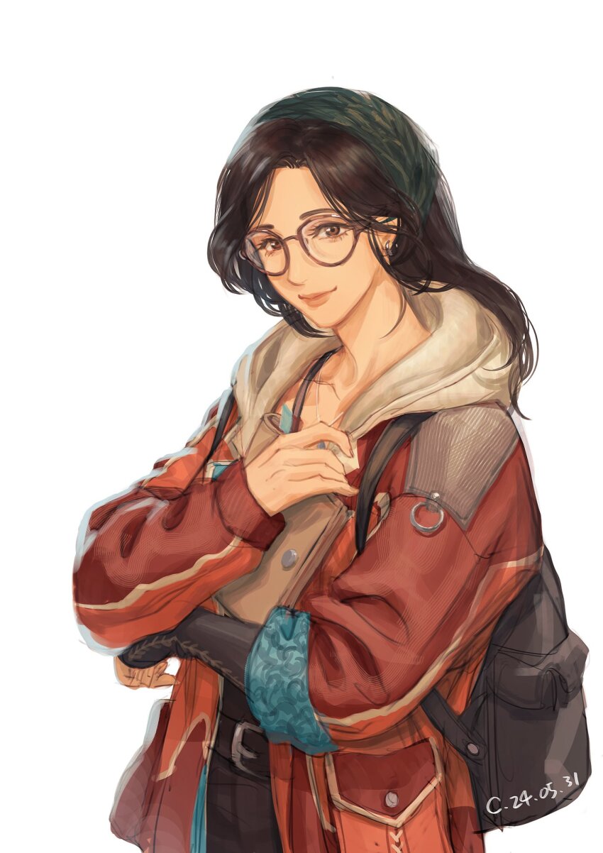 1girl, alma_(monster_hunter_wilds), backpack, bag, bandana, belt, belt_buckle, book