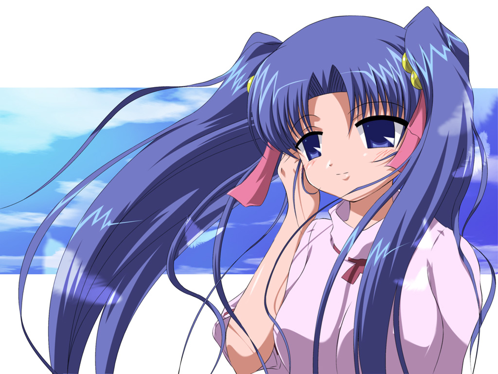 00s, 1girl, adjusting_hair, aoba_kozue, bell, blue_eyes, blue_hair, blush